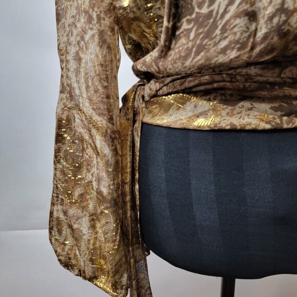 BCBG Maxazria Metallic Paisley Sheer Wrap Blouse Sz S - Picture 4 of 15
